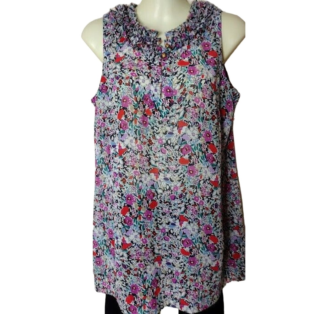 CAbi Sleeveless Floral Print Tunic w/Ruffled Neck, Size‎ S Multi-Colored